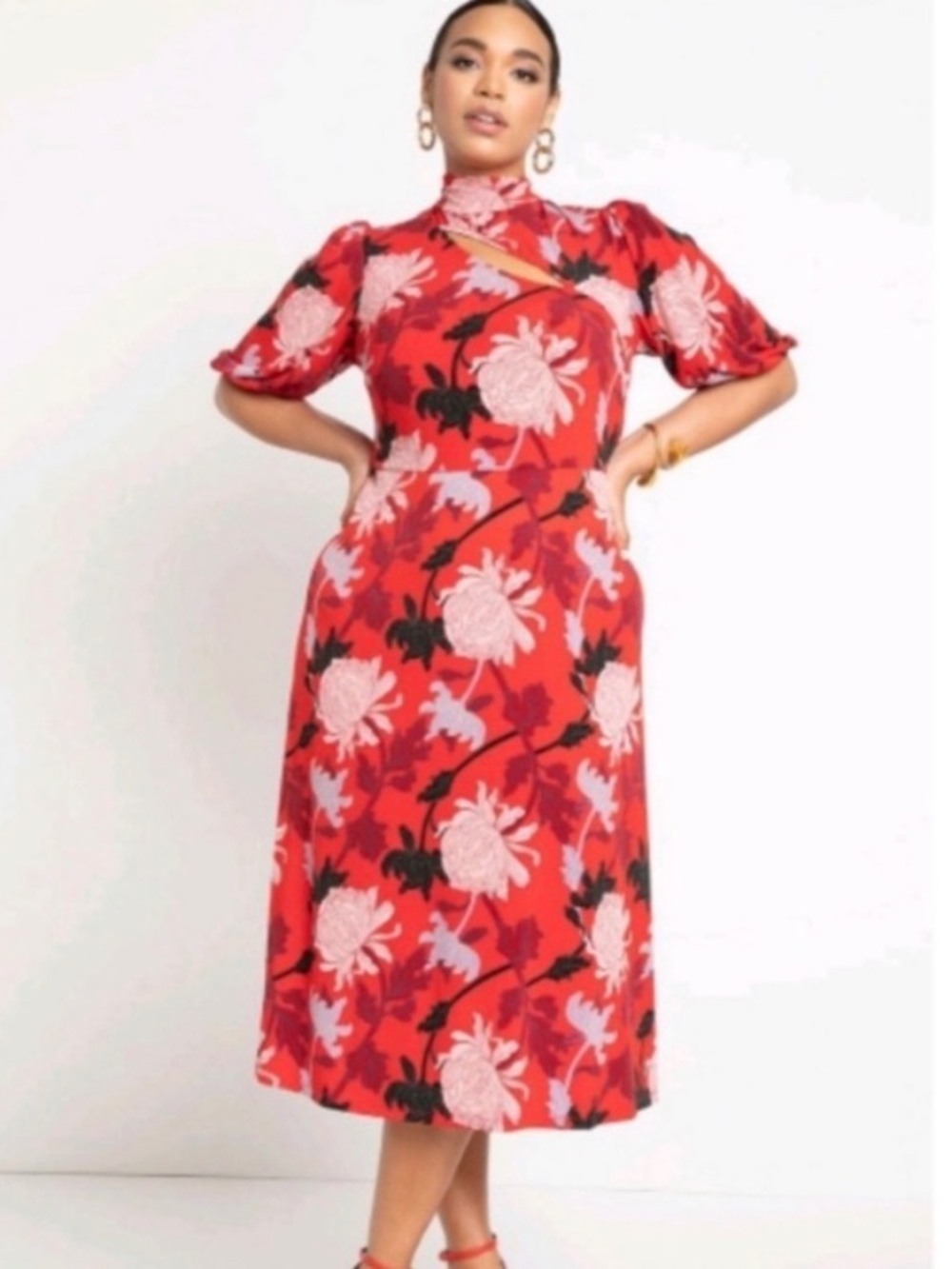 Eloquii tie neck midi dress with cutout plus size 24W red floral NWT